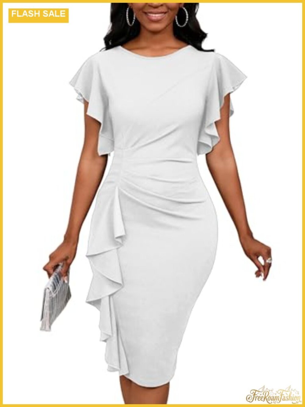Ruffle Sleeve Bodycon Midi Dress Women's Work Church Vintage Pencil Dress